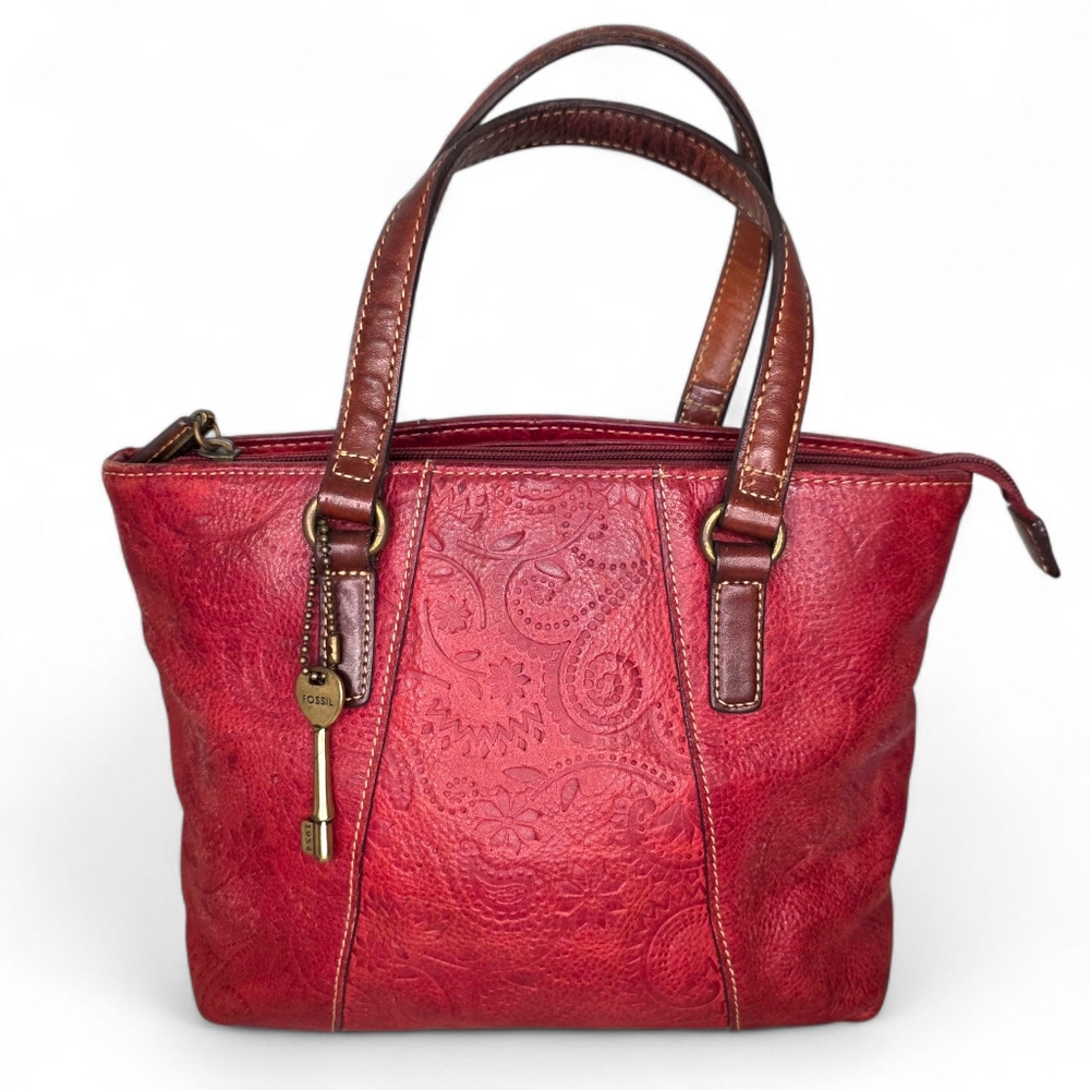 Fossil Red Embossed Leather Shoulder Bag